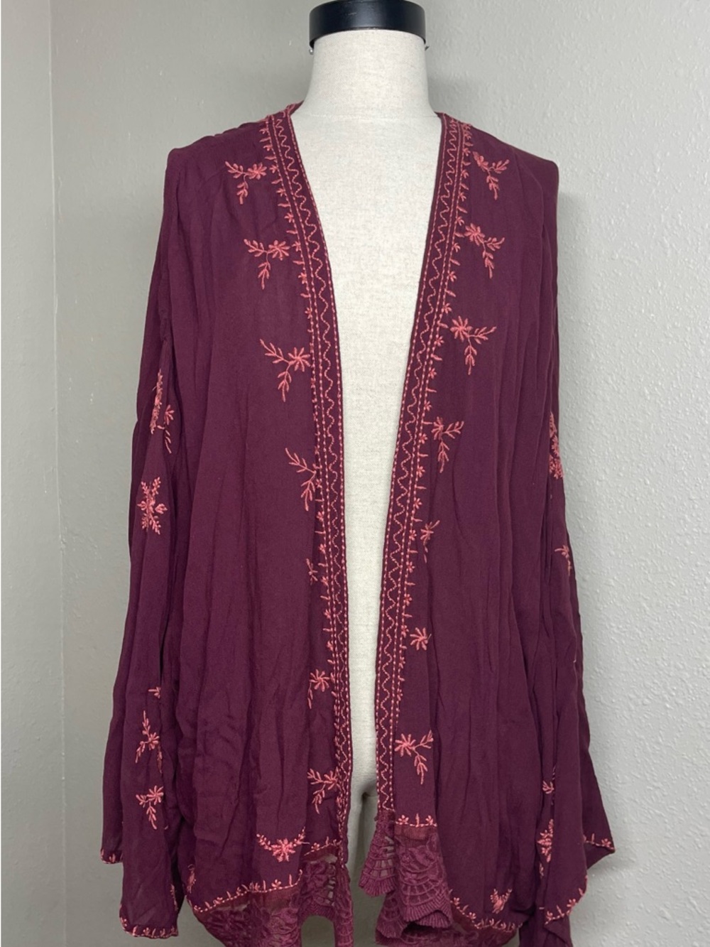 Free People Burgundy Open-Front Embroidered Cardigan